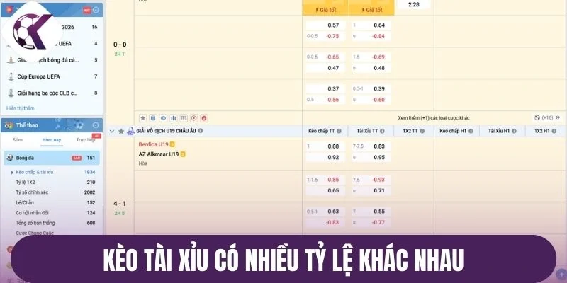 Kèo tài xỉu có nhiều tỷ lệ khác nhau